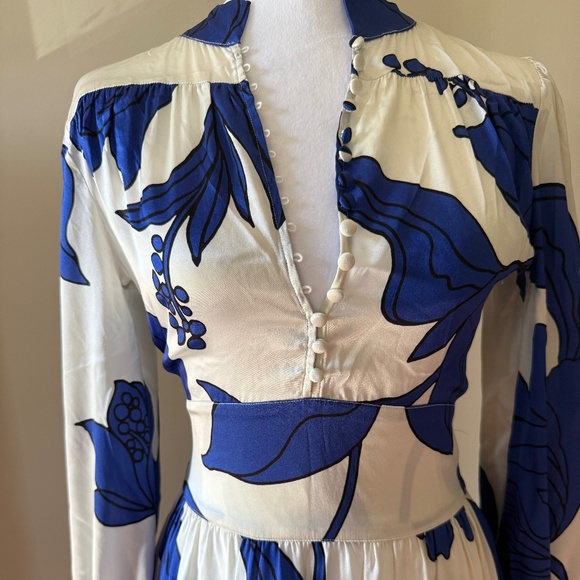 Dea Kudibal Alondradea Blue White Black Silk Satin Women's Fitted Midi Dress - Picture 8 of 17